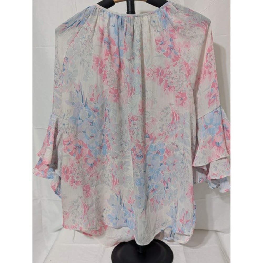 Chaps Womens Floral Bell Sleeve Peasant Blouse Pink Blue Watercolor Top Large - Picture 2 of 3
